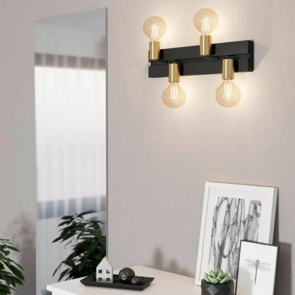 Eglo 900509 İç Mekan " Macchıone " Siyah, Pirinç Renk Dökme Çelik Duvar Lambası Ip20 E27 Max: 4X10W En: 50 Cm
