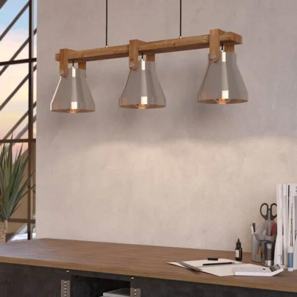 Eglo 43952 İç Mekan " Cawton " Çelik Renkli, Kahverengi Rustik Renk Çelik, Ahşap Sarkıt Lamba Ip20 E27 Max: 3X40W En: 76 Cm